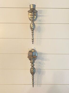 Mid-Century Modern Silver Chrome Pewter Wall Hung Candle Sconces Ornate Elfcore